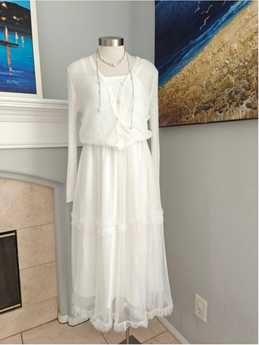 Women's White Midi Dress with Tulle Overlay